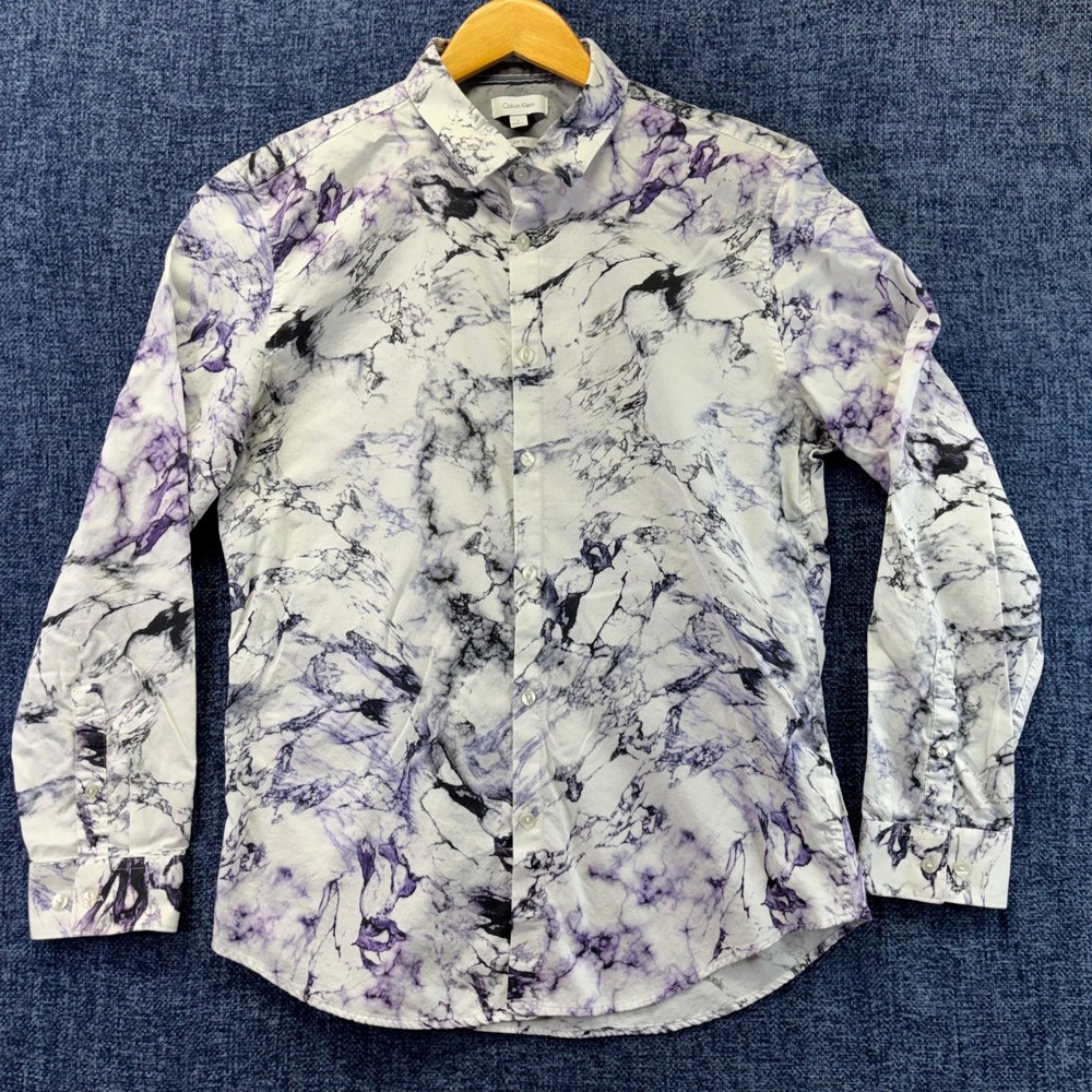 Calvin Klein Button Down Mens Large White Purple Marble Slim Fit Long Sleeve